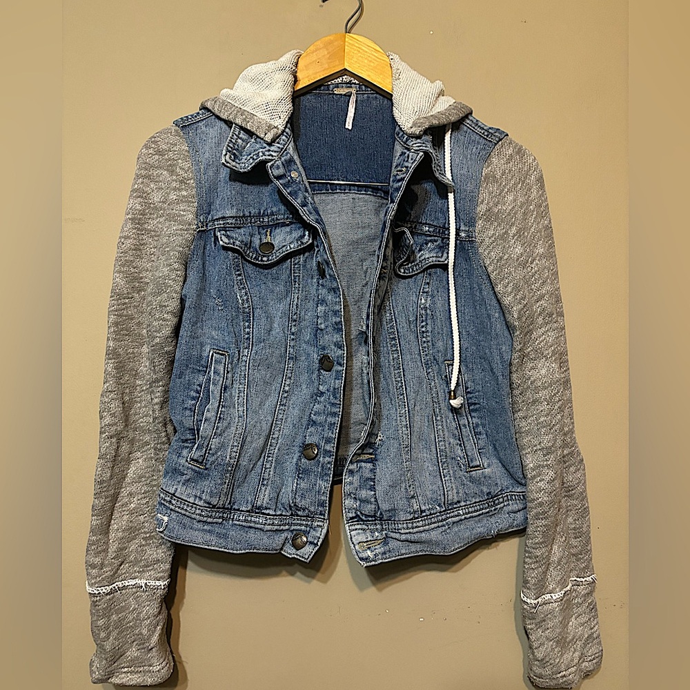FREE PEOPLE Distressed Cropped Denim Jacket, Removable Hoodie